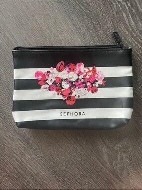 Sephora Black & White Stripe Cosmetic Pouch with Pink Gem Cluster